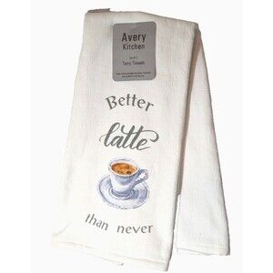 Avery Kitchen Better Latte Than Never 2pc Kitchen Towels Coffee Cup Saucer NEW